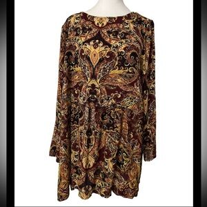 J. Jill Long Sleeve Burgundy Gold Paisley Print Tunic With Side Split XL